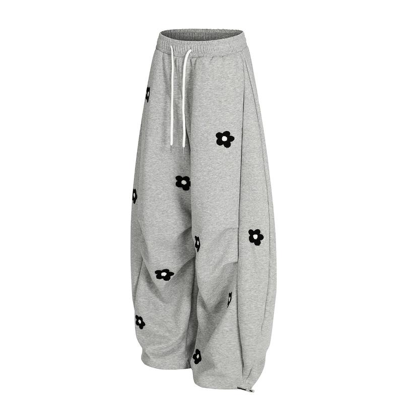 TELLFUN 2026 Unisex Floral Embroidery Baggy Barrel Sweatpants Elastic Waist Drawstring Casual Y2K Streetwear Loose Fit Vintage Joggers
