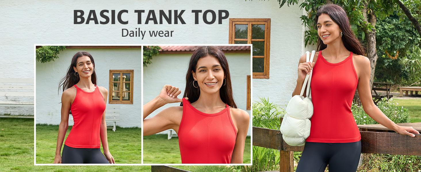 ATTRACO Women Workout Tank Tops with Built in Bra  Basic Ribbed Tank Top Crew Neck Racerback Athletic Camisole Seamless