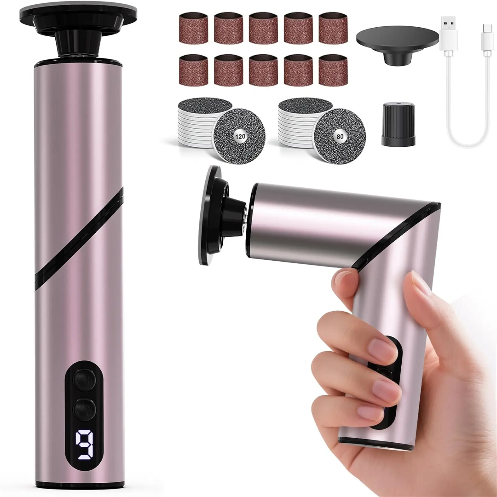 5-in-1 Professional Electric Foot Callus Remover Portable & Foldable Removes Rechargeable Foot File Pedicure Kits with 80 Grit & 120 Grit Pads for Smooth Feet