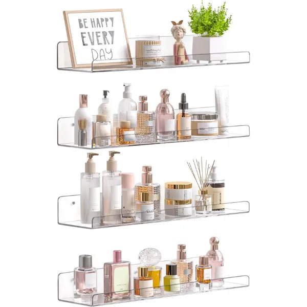 Acrylic Shelves for Bathroom Storage, 15" Floating Shelves Wall Organizer for Perfume, Make up, Skincare, Kids Bookshelf for Bedroom, Nursery, Living Room Decor, Clear, 4 Pack
