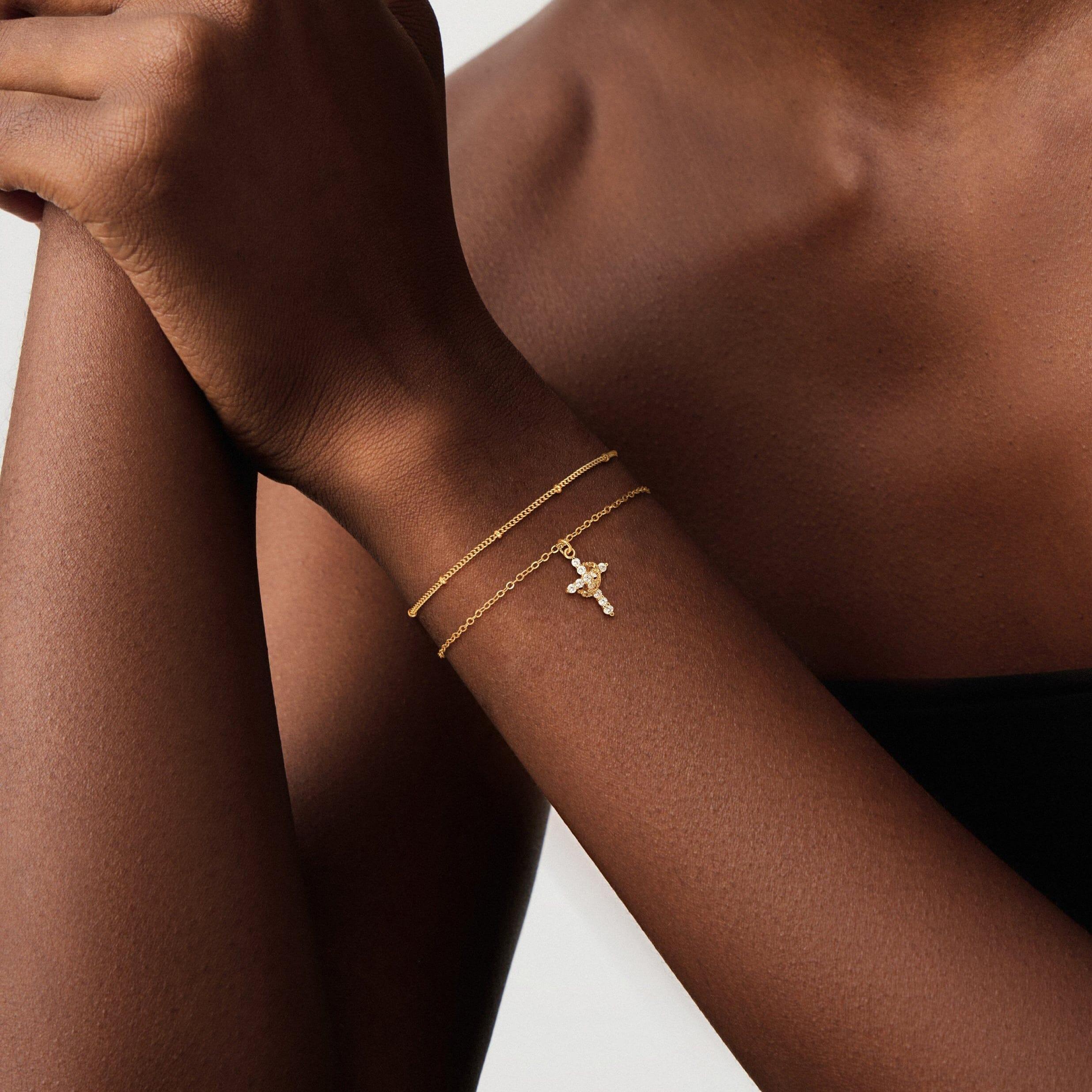 TEWIKY 14K Gold Plated Double-Layer Delicate Cross Pendant Bracelet, Elegant and Stylish Jewelry Gift for Women, Suitable for Any Occasion For Easter gifts