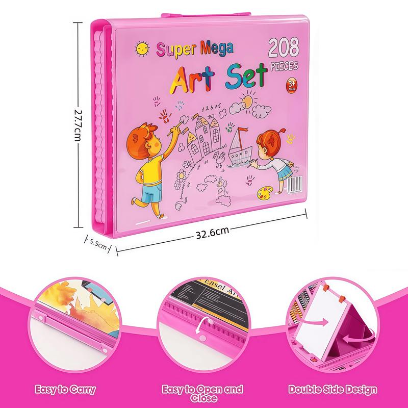 Art Supplies, 208-Piece Drawing Art Kit, Gifts for Kids Girls Boys Teens, Art Set Crafts Case with Double Sided Trifold Easel, Includes Sketch Pads, Crayons, Colored Pencils (Pink)