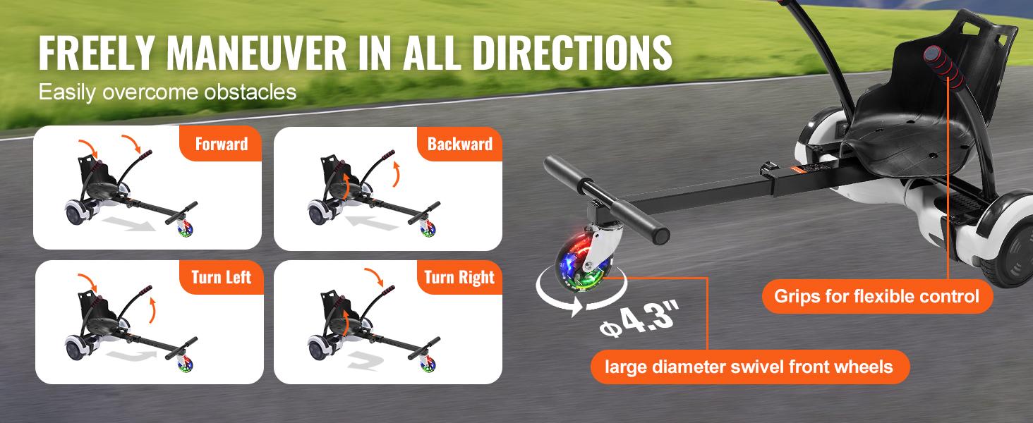 VEVOR Hoverboard Seat Attachment,  for 6.5" 8" 8.5" 10" Hoverboards, with LED Lights, Grips Control, Adjustable Frame Length and 220 LBS Load Capacity, Hover Board Go Karts Accessory, for Kids Adults