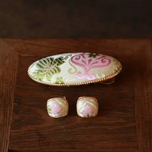 Embroidtale Hand Weaved Silk Hair Clip and Matching Ear Studs With Floral Design in Elegant Pink and Green Patterns