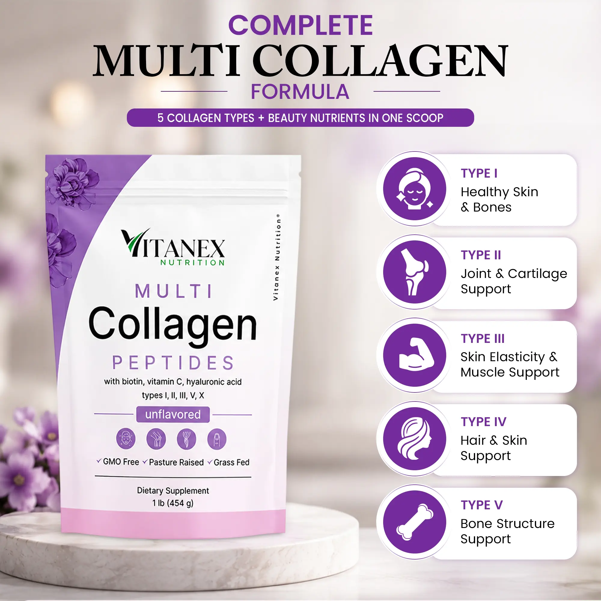 VITANEX NUTRITION Multi Collagen Peptides Powder - Hydrolyzed Protein Peptides (Type I,II,III,V,X) with Hyaluronic Acid, Biotin & Vitamin C Unflavored
