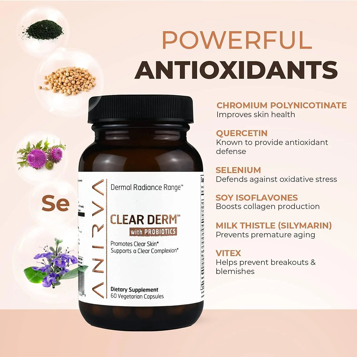 ANIRVA ClearDerm – Natural Anti-Acne Supplement with Probiotics, Vitamins & Antioxidants for Clear, Smooth & Healthy Skin – 400mg, 60 Veg Capsules
