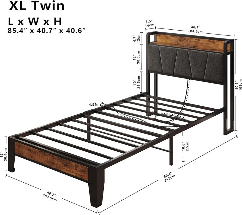 LIKIMIO Bed Frame, Storage Headboard with Charging Station, Solid and Stable, Noise Free, No Box Spring Needed, Easy Assembly