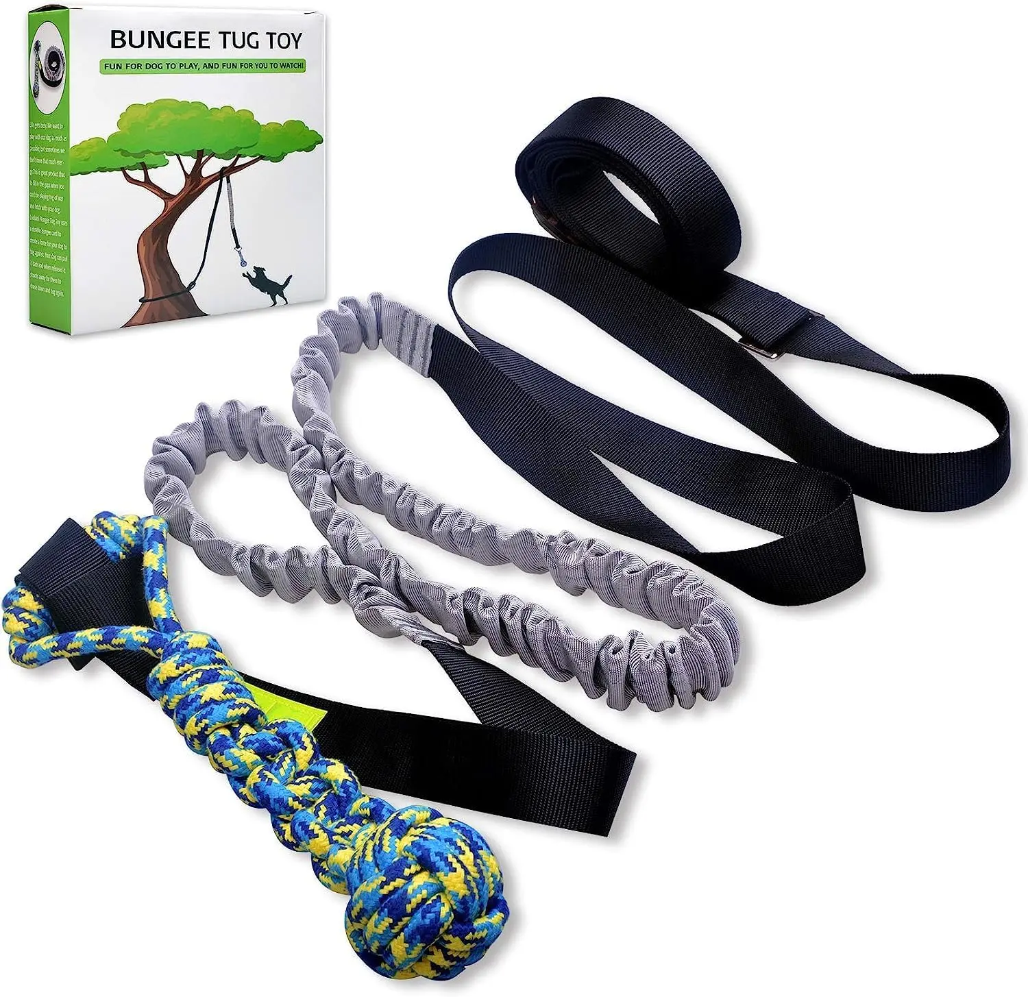 Outdoor Elastic Tug-of-War Toy — Hanging Tree-Mounted Dog Toy (Suitable for Small to Large Dogs) | Interactive Exercise Rope & Tether | Includes Chew-Resistant Knotted Toy (Tree-Stump Tug Style – Black)