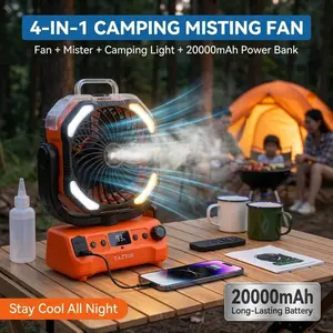 4-in-1 Misting Camping Fan with 20000mAh Battery, Solar & USB Rechargeable, Portable Fan with LED Light & Power Bank, Remote Control, Stepless Speed for Camping & Home