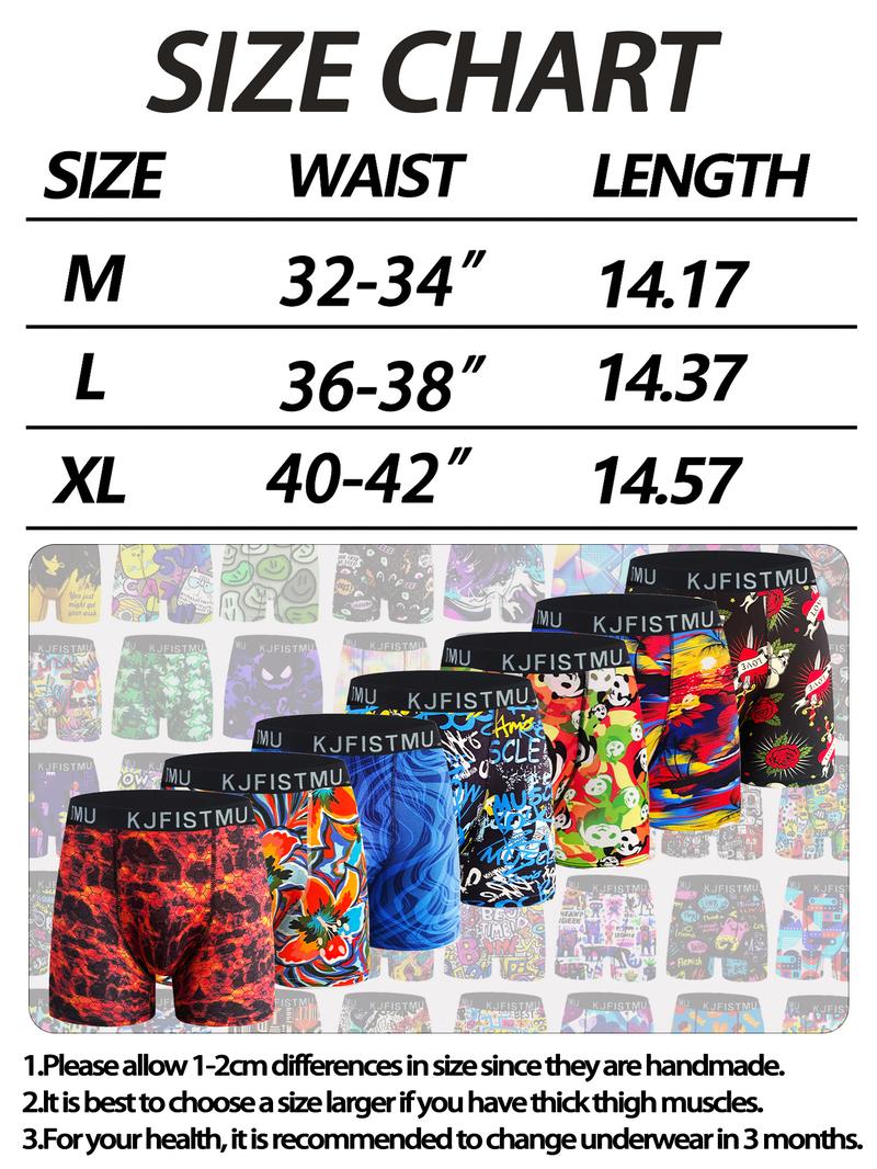 10 pcs Random KJFISTMU Street Anime Graffiti Print Men's Boxer Briefs Loose fit, soft and comfortable, elastic waistband. Perfect for home and sports.
