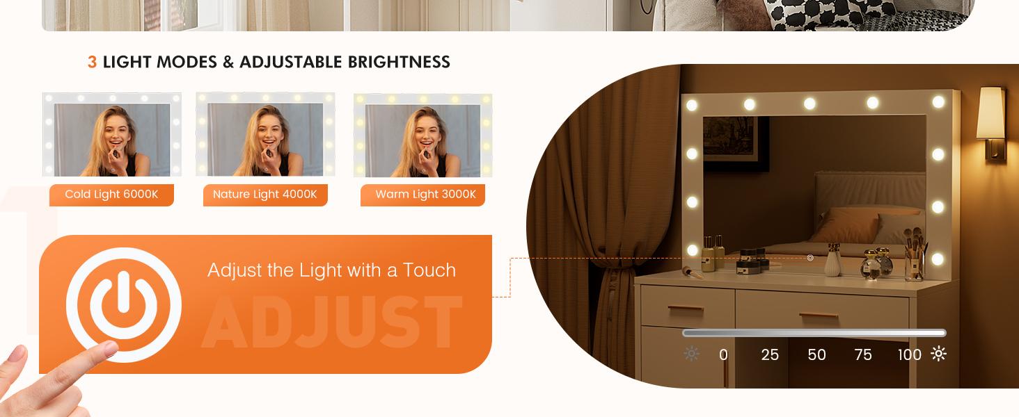 Vanity Desk with Mirror, Makeup Vanity Table with Charging Station (2AC/USB/C), Dressing Table with 2 Drawers & Large Cabinet