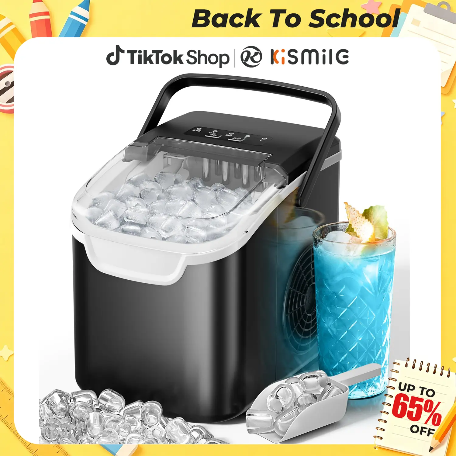 Back To School — Kismile Countertop Ice Maker Machine, 8 Ice Cubes in 6 mins, 26lb/Day Ice with 2 Sizes- Portable Mini, Energy Saving & Basket/Scoop for Home/Party/Travel/Camping/Bar
