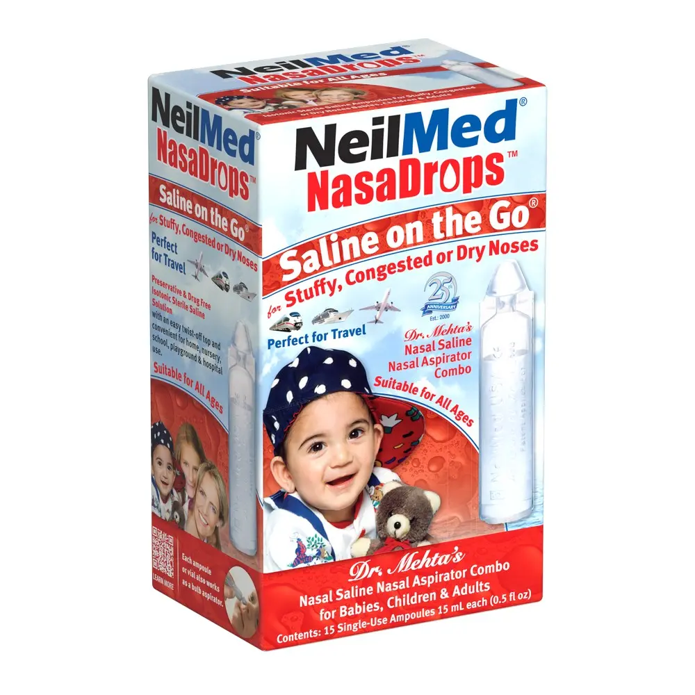 NeilMed NasaDrops Saline on the Go 15 Single-Use Ampoules 15 mL Each for Infants 6 Months and Up Drug-Free Preservative-Free Sterile Nasal Saline Solution