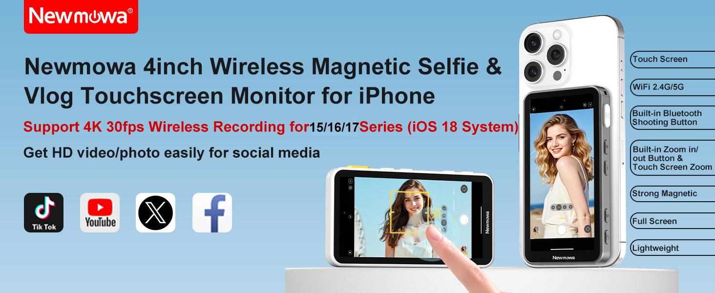 Newmowa Touchscreen Phone Vlog Selfie Monitor Screen, Magnetic Wireless Back Camera Selfie Monitor with Focus Adjustment ONLY for iPhone, Support 4K 30fps Wireless Recording for iPhone 15/16/17 TikTok YouTube Instagram