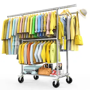 Double-Layer Large-Capacity Rolling Clothes Rack! Holds 50+ Garments, With Shoe Storage Shelf, Effortless Mobility on Swivel Wheels, Home Balcony Drying Rack