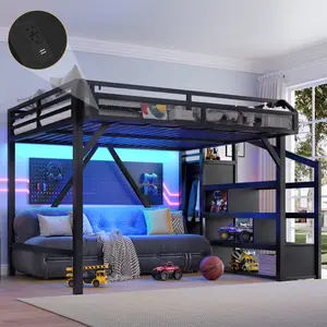 Queen Loft Bed with Storage Stairs, Shelves and Built-in Wardrobe, Metal Loft Bed Frame with USB Ports and LED Lights, Noise-reduced Design, Black Woodgrain
