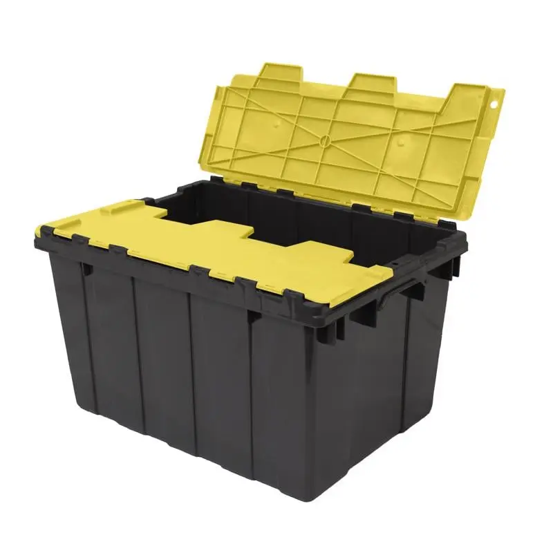 Ramtuff 6089850 Black & Yellow Hinged-Cover Tote, Stackable Storage Bin, Home Organiser Boxes - Pack of 6