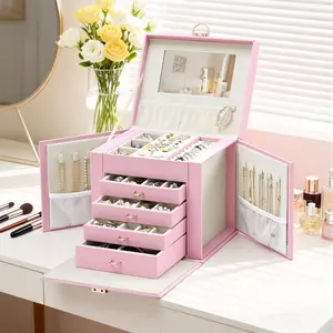 5-Layer Jewelry Organizer Box with 4 Drawers, Huge Portable Jewelry Storage Cabinet with Lock and Mirror for Women, for Necklace Ring Earring Bracelet Storage, Lockable Jewelry Case, Pink