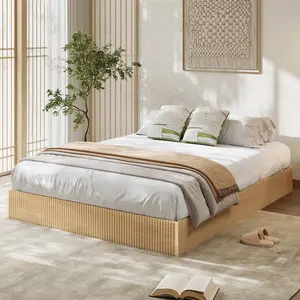 Full Bed Frame, Wood Platform Bed with Fluted Design, Low Profile BedFrame, Minimalist Bed Base with Noise-Free, No Box Spring Needed, Natural