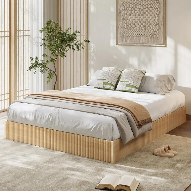 Full Bed Frame, Wood Platform Bed with Fluted Design, Low Profile BedFrame, Minimalist Bed Base with Noise-Free, No Box Spring Needed, Natural