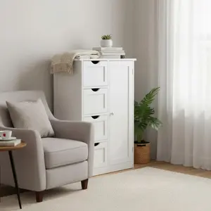 Wooden Bathroom Floor Cabinet – Side Storage Organizer with 4 Drawers, 1 Cupboard & 2 Shelves – White Freestanding Unit for Bathroom & Laundry Room