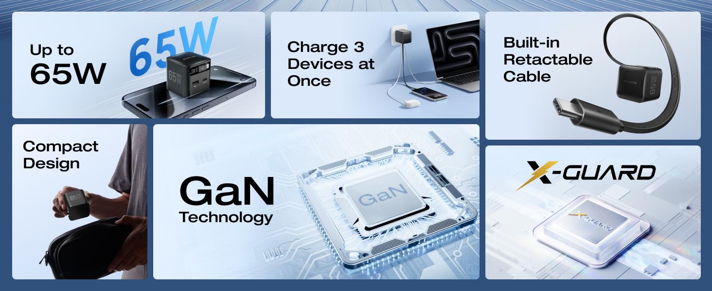 EF ECOFLOW 65W USB C Charger with Retractable Cable, 3-in-1 Phone Charger with Type C Cable, 2-Port Fast Charger Compatible with iPhone 16 Pro Max, iPad Pro/Air, Galaxy S25, Steam Deck (White) Electronic Cellphone iphone charger