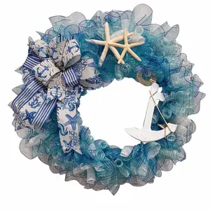 Coastal Deco mesh Wreath, Nautical Anchor Door Wreath, Beach House Front Door Decor, Blue Summer Mesh Wreath , Ocean Themed Porch Decor