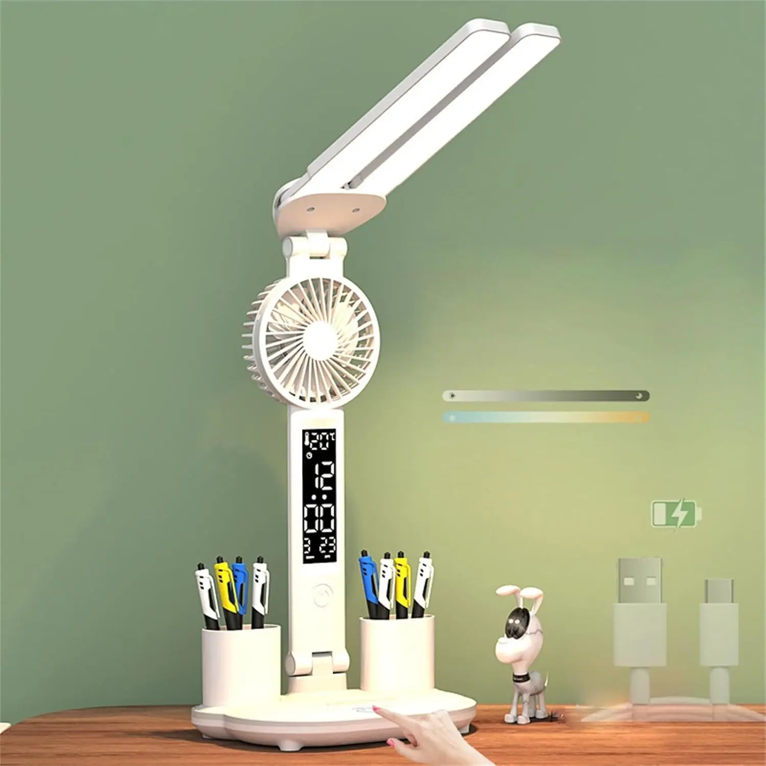 LED Desk Lamp with Fan - USB/Cordless, Batteries Included, Touch Dimmable Warm White, Adjustable Dual Head & Lighting Modes, Clock, Date, °C Temp Display, Foldable Plastic Pen Holder, Relaxing Mood Lighting for Bedroom Study, Lighting Modes Adjustable
