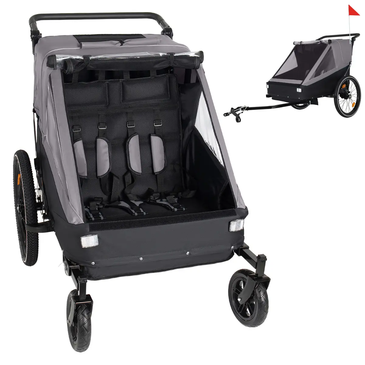 Aobtkel®2 in 1 Kids Bike Trailer and Stroller for 1 to 2 Children, Jogging Function, Foldable Compact Storage with Universal Bike Hitch, 5-Point Harness and Storage Bags, Gray，#Summervibes