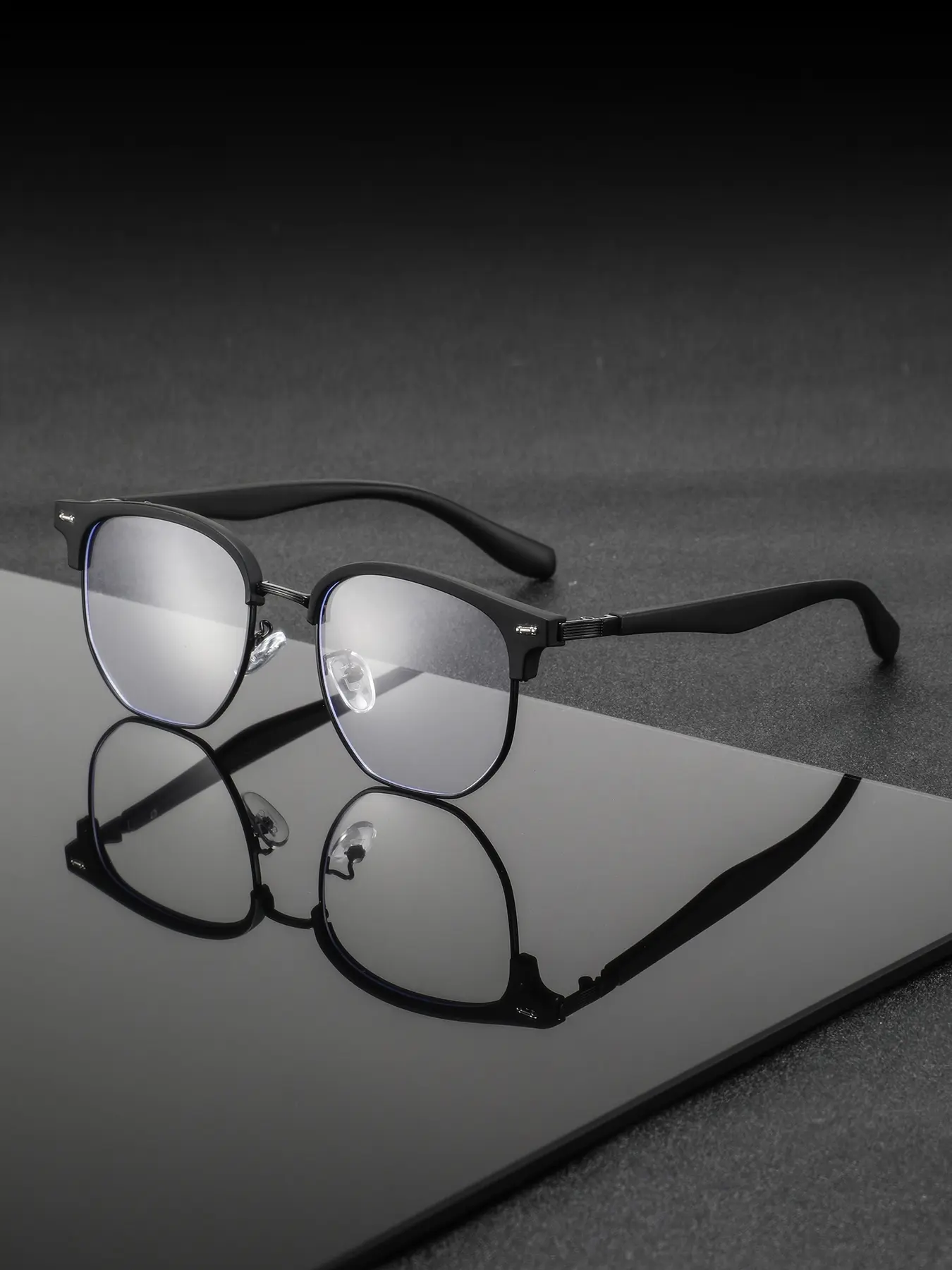Men's Metal Browline Half Frame Glasses, Classic Vintage Wooden Texture Legs, High-Quality Fashion Eyewear, Business Casual Style, Browline Eyeglass, Stylish Eyeglass