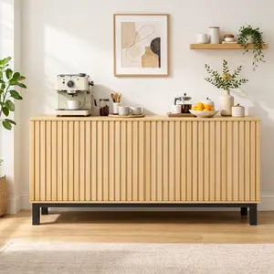 Wovenbyrd 63" Fluted Buffet Cabinet, 4-Door Modern Sideboard Storage Cabinet with Adjustable Shelves, Kitchen Storage Cabinet for Dining Room, Coffee Bar, Entryway, Living Room, Light Oak