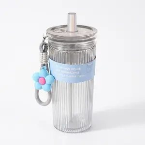 Leakproof Ribbed Tumbler with Straw – Cute Flower Charm, Portable Travel Cup for Women