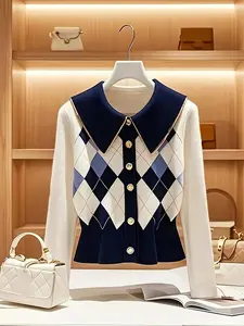 Women's Preppy Argyle Knitted Lapel Cardigan, Lightweight Long Sleeve Button Front Knitwear for Early Spring, Fashion Women's Tops for Daily Wear