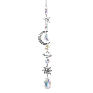 17" Celestial Crescent Moon Sun Catcher with Planets – Silver Cosmic Prism Mobile