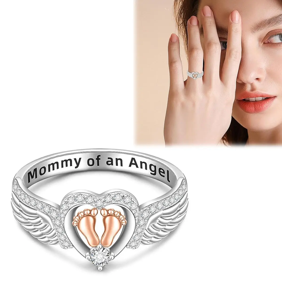 Miscarriage Ring Sterling  Mommy of an Angel Ring Angel Wing Heart Footprint Memorial Jewelry Gifts for Mom Women Engraved Ring