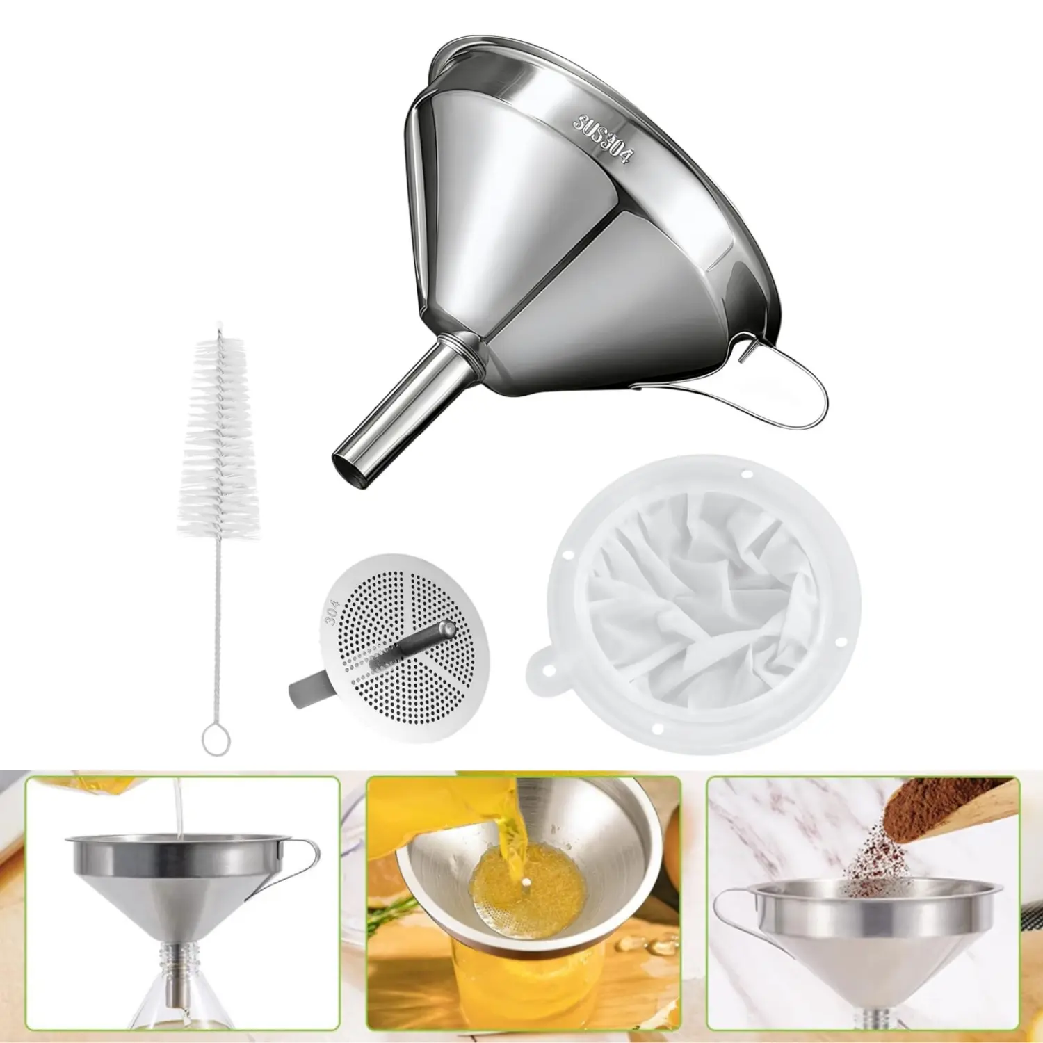 Stainless Steel Conical Funnels Set with 200-Mesh Grid Fine Strainer, 5 Inch Mouth, 0.63 Inch Stem, Detachable Healthy Filter for Oil, Juice, Liquid Food Canning, Bottling - Home Improvement Kitchen Fixture Accessory for Fryer Use
