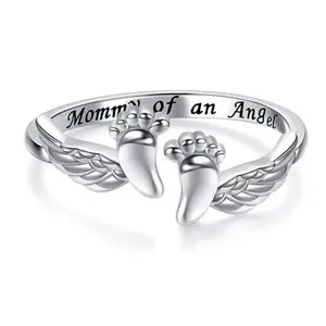 Adjustable Letter&Wing Design Cuff Ring, Fashionable Jewelry for Women, Unique Angel Wing & Foot Shape, "Mommy of an Angel" Engraving Open hug rings, Elegant All-match Accessories for Daily Wear, Perfect Gift for Mom, Girlfriend, Wife, or Friend