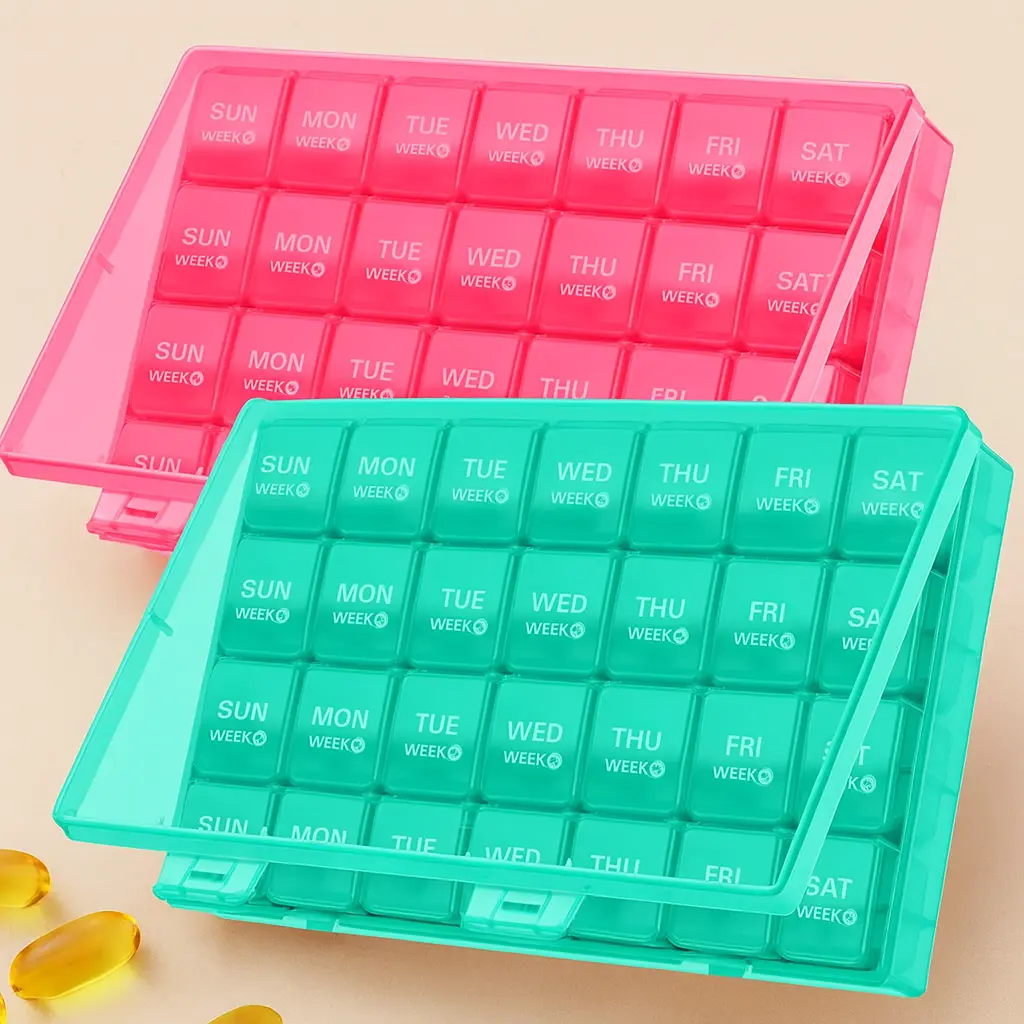 2 Pack Monthly Organizer Pill Dispensers, 28-Day Multi-Compartment Pill Organizer Box with 4 Removable Weekly AM/PM Trays, Tablet & Supplement Holder for Daily Health Routine Simplicity, Healthcare, Pack Pill Dispensers