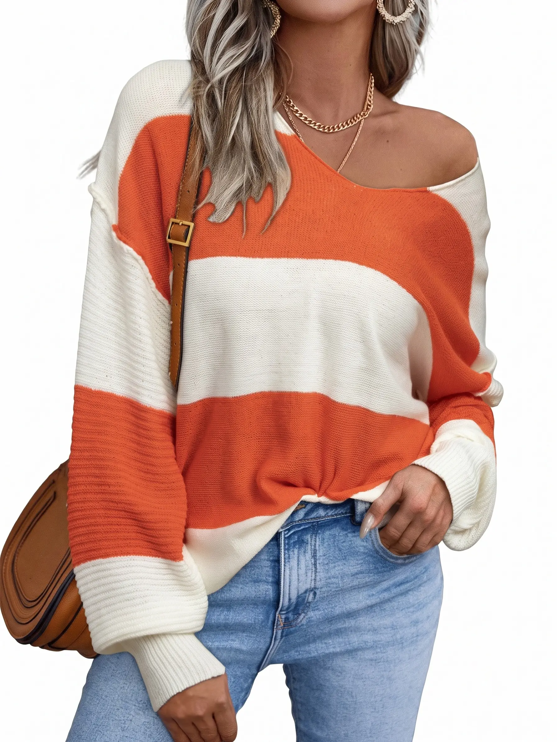 Women's Oversized V Neck Sweater Color Block Striped Long Balloon Sleeve Chunky Knit Pullover Jumper Tops