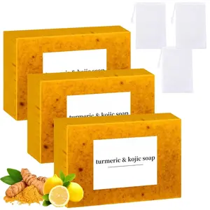 3PCS Lemon Turmeric Kojic Soap + 3 Bubble Nets | Organic Face & Body Bar | Cleansing & Exfoliating | All Skin Types