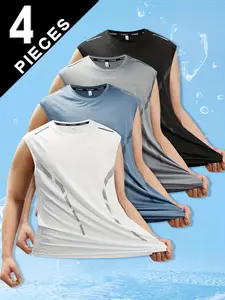 Men’s sports tank top set of 4 — stylish printed sleeveless athletic casual tops made from breathable, stretchy summer fabric, suitable for sports, outdoor activities, training, and fitness wear