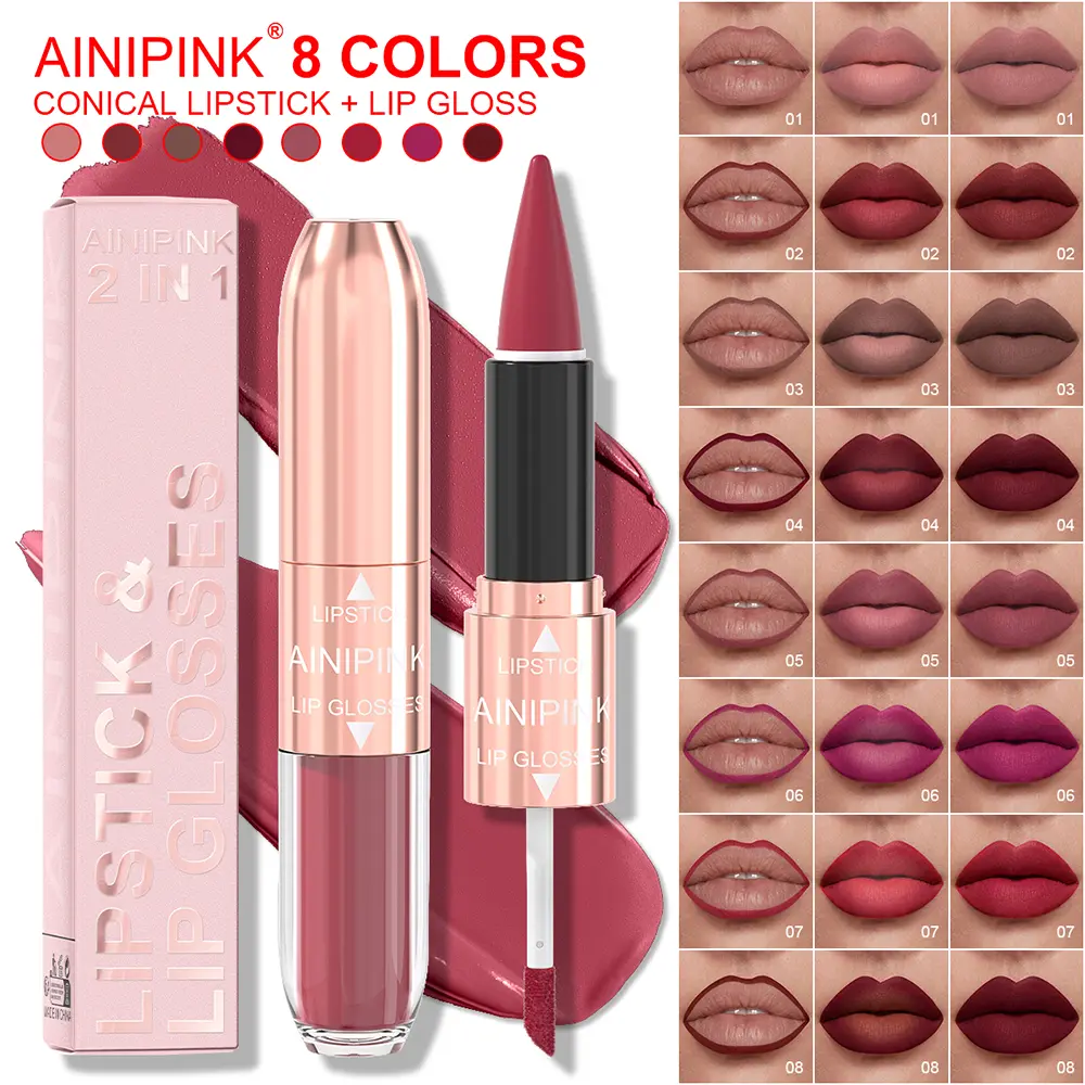 AINIPINK 2-in-1 Conical Lipstick & Lip Gloss Matte & Gloss Shades Long-Lasting Waterproof Smudge-Proof High Pigment Makeup Cosmetic kimchi stick