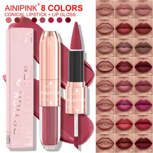 AINIPINK 2-in-1 Conical Lipstick & Lip Gloss Matte & Gloss Shades Long-Lasting Waterproof Smudge-Proof High Pigment Makeup Cosmetic kimchi stick
