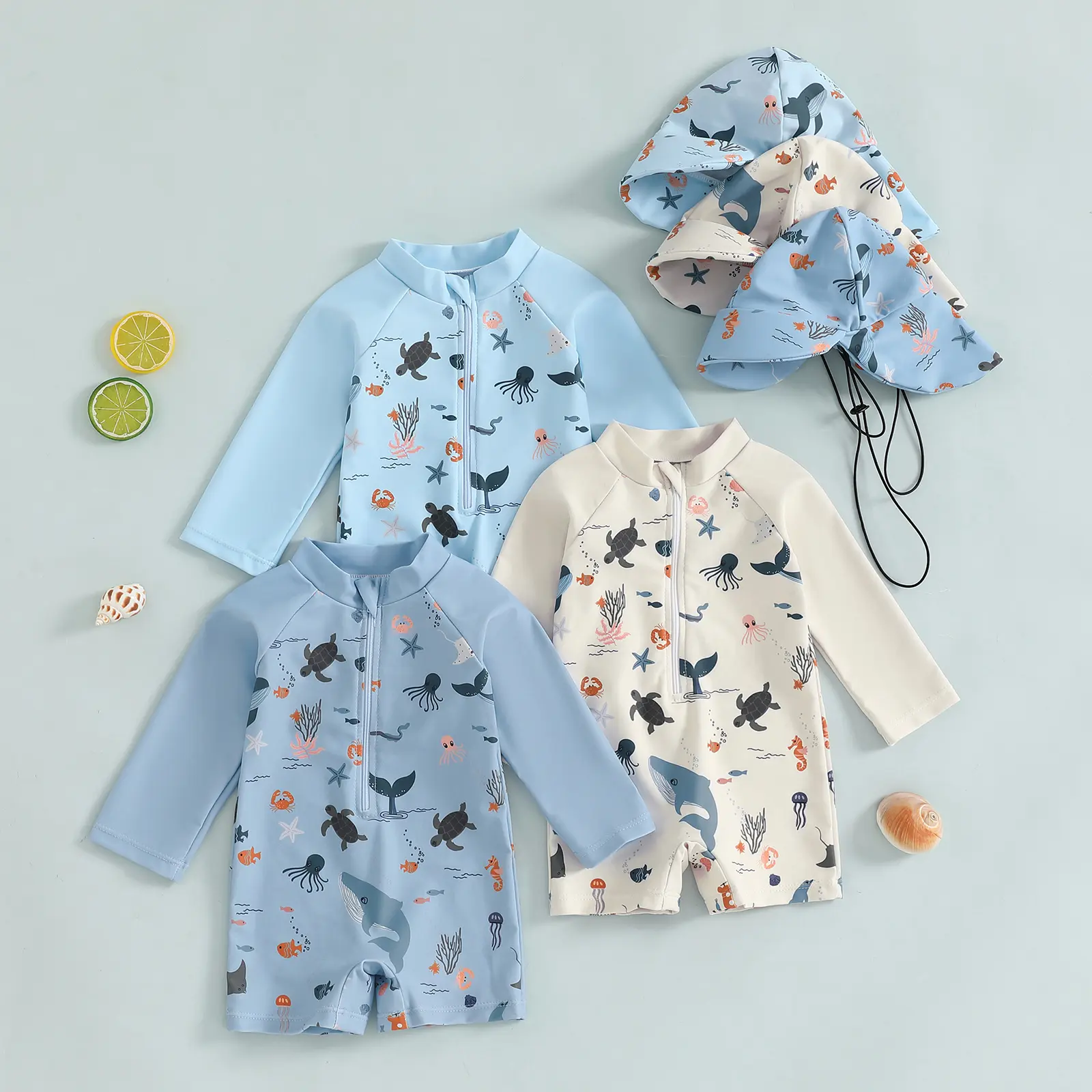 [Yomi Kids] Baby Boys' Long-Sleeve Polyester Blend Swimming Rashguard Swimsuit Set, Marine Print, Zippered Front, with Matching Hat for Beach Bathing, Rash Guard Set