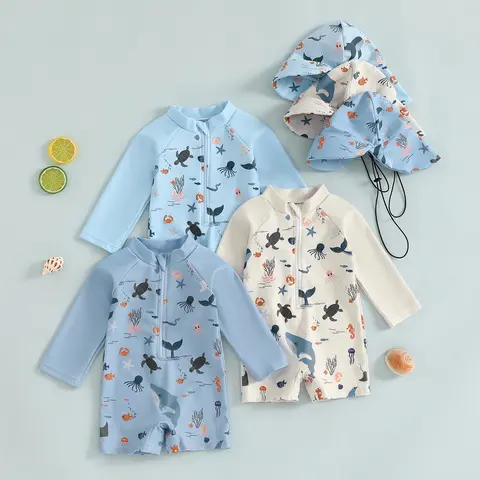 [Yomi Kids] Baby Boys' Long-Sleeve Polyester Rash Guard Set - Marine Print, Zippered Front, Matching Hat, Newborn+ Toddler Swimsuit, Children's Swimwear for Beach, Surfing