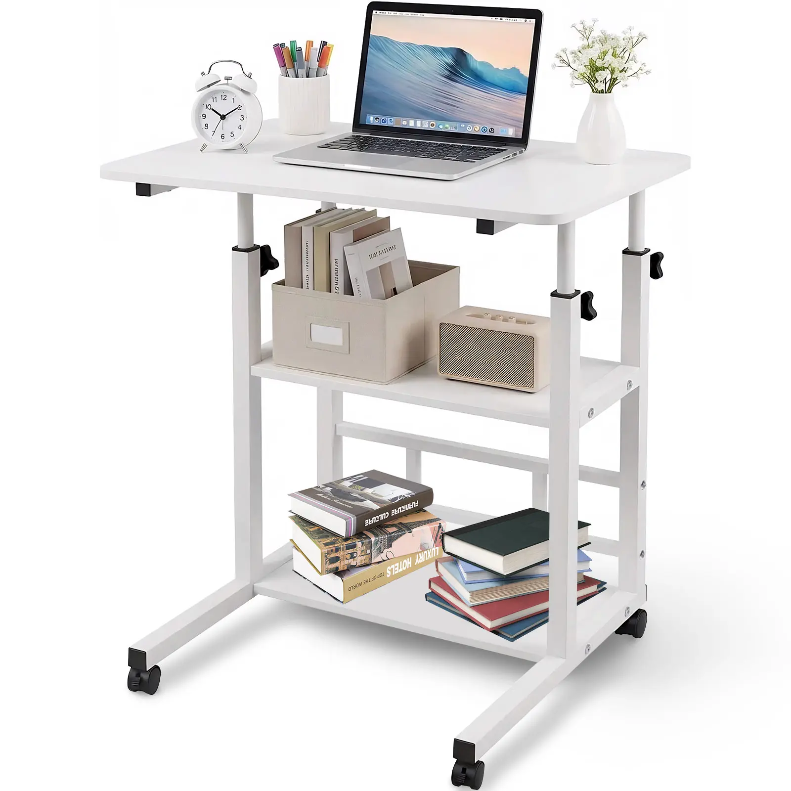 Rustic 32" Portable Rolling Adjustable Height Desk with Wheels, Storage Shelves - Home Office Computer Table for Small Spaces, Drafting Table