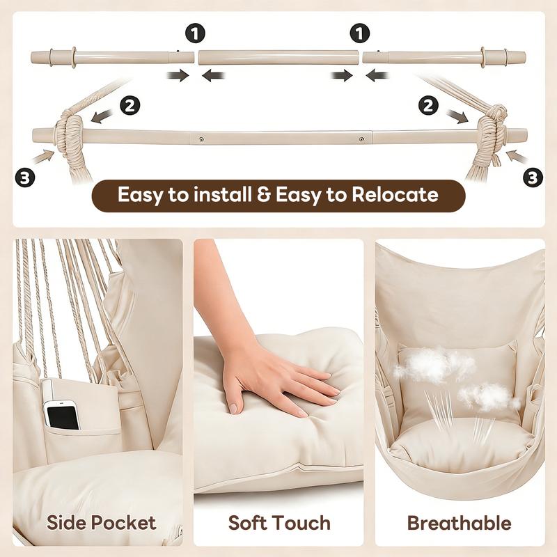 Single Hammock Chair with 2 Cushions, Hammock Swing, Macrame Hammock with High Load-Bearing Metal Rod, Indoor＆Outdoor