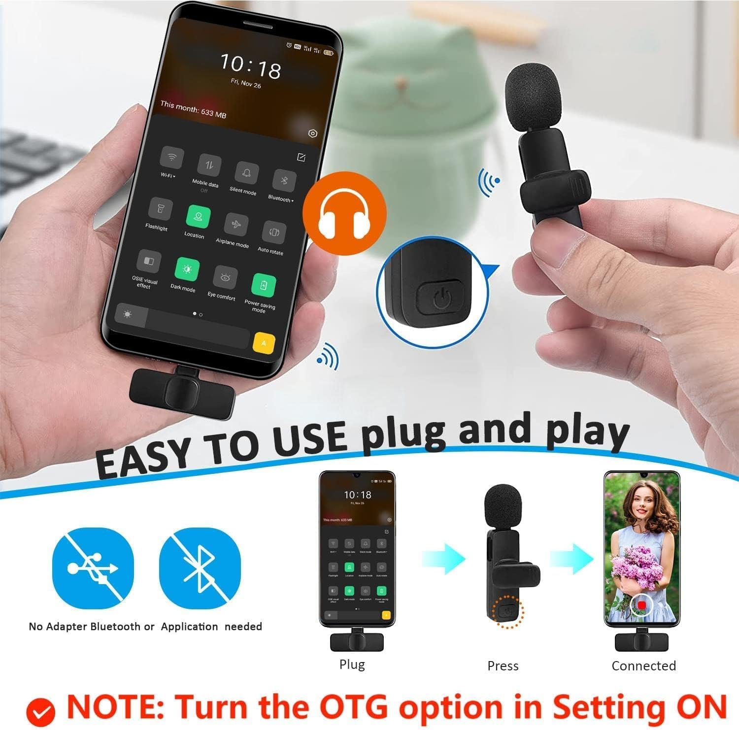 Professional Wireless Lavalier Microphone for Android Cordless Omnidirectional Clip Mic Plug-Play for Interview Video Podcast Vlog YouTube  USB-C Smart Devices 65FT Transmission Rechargeable  microphone Multi-Purpose Mini iPhone Clip-on Microphones interv