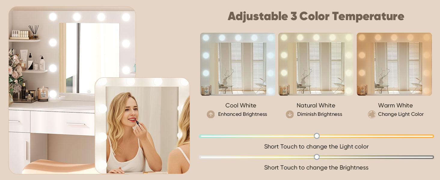 Vanity Desk with Adjustable Lighten Mirror & Power Outlet, Makeup Desk for Bedroom with a Storage Stool and 3 Drawers, 6 Storage Shelves, White Dresser for Girls