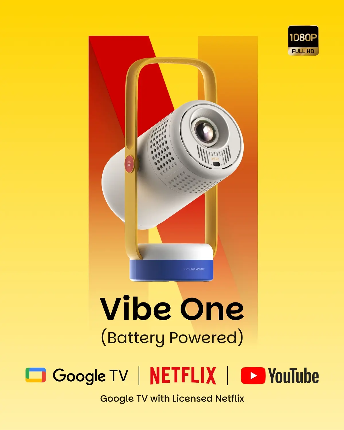 XGIMI Vibe One Battery Powered 1080P Smart Portable Projector, Google TV with Licensed Netflix, Sound by JBL, Built-in Battery, Auto Focus & Keystone, HD Projector for Bedroom, Backyard and Home